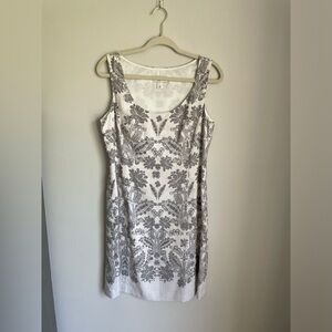 Ann Taylor Loft Silk Linen Blend Floral Paisley Sheath Dress in White Grey 10